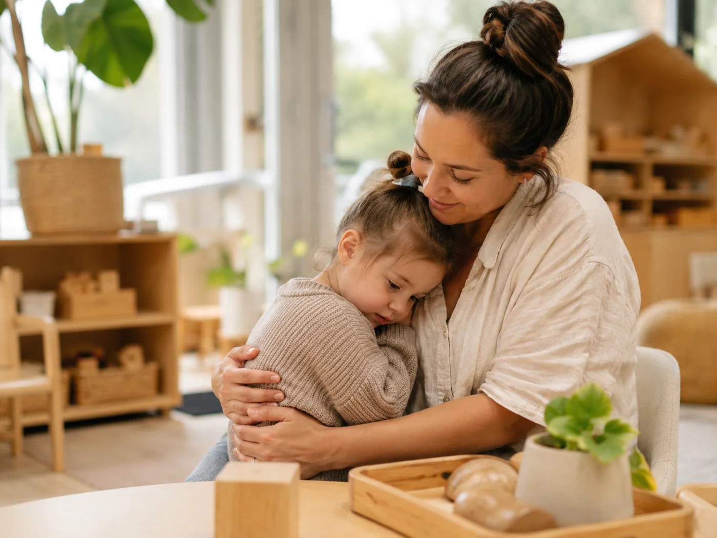 Caring teacher connecting warmly with a child